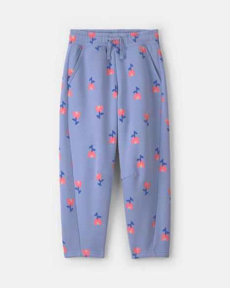 girls floral fleece barrel pants - periwinkle blue