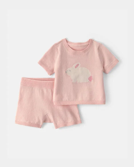 Image of Baby Girl 2-Piece Bunny Short-Sleeve Sweater Top & Short Set - Pink