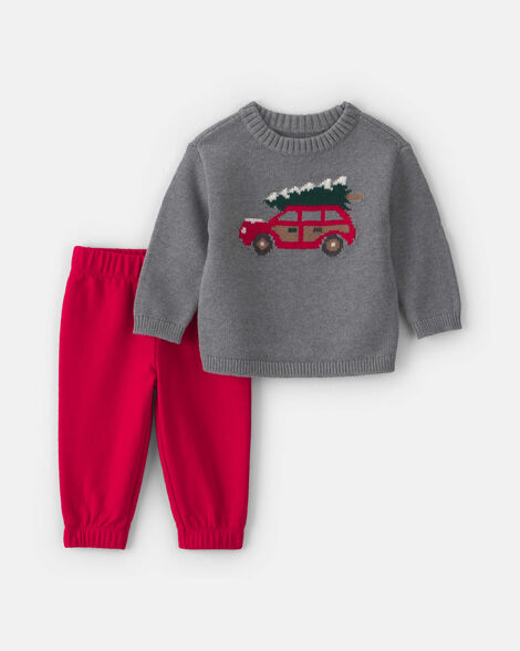 baby boy 2-piece christmas tree car sweater & pant set - grey/red