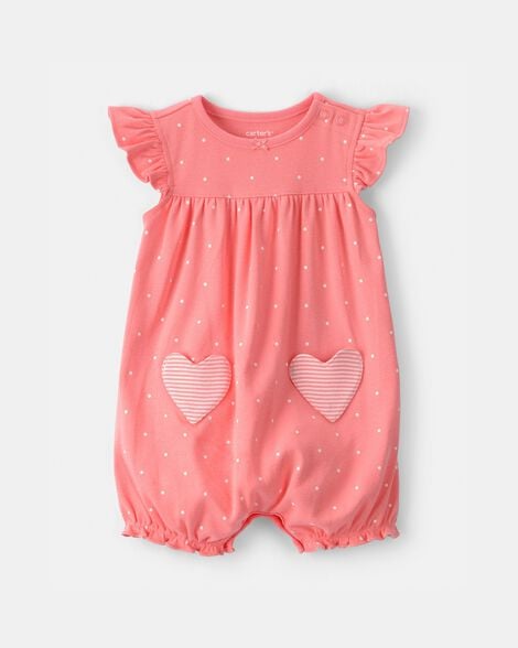 baby girl heart pocket short-sleeve romper - coral