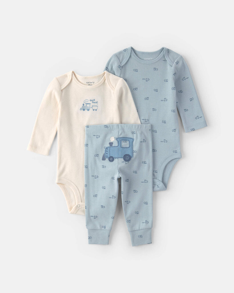 Carter's Baby Boys' Train Long-Sleeve Bodysuits and Pants, 3-Piece Set - Blue/Cream