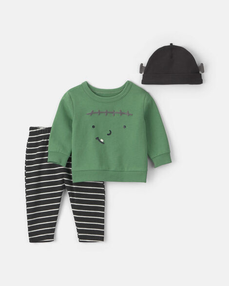 baby 3-piece halloween monster top & pant set - green/black