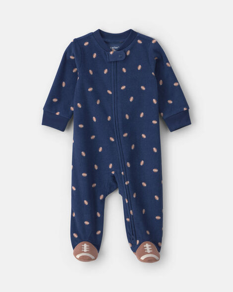 baby boy football fleece 2-way zip sleep & play pajamas - navy blue