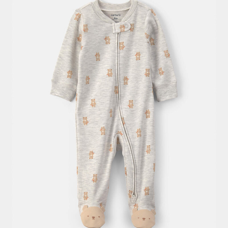 Baby Teddy Bear Cotton 2-Way Zip Sleep & Play Pajamas - Grey