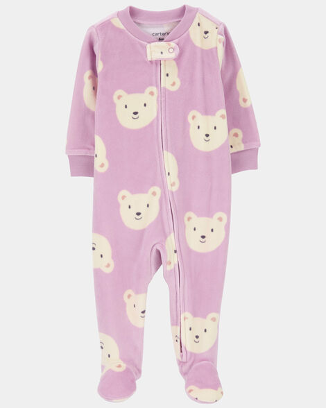baby girl bear print loose fit long-sleeve sleep & play pajamas - purple