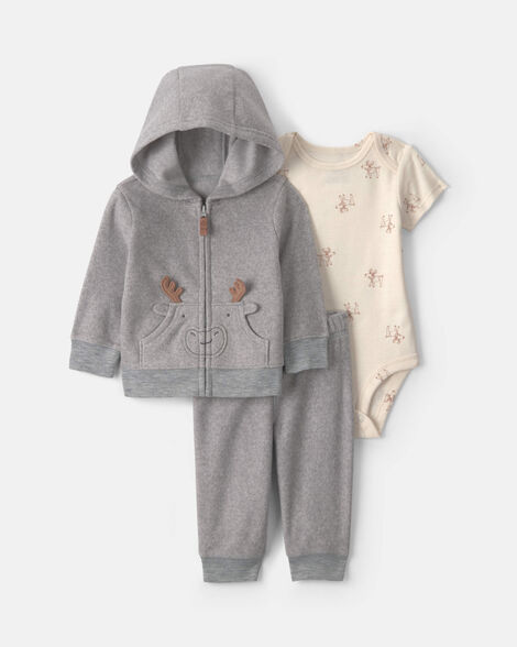 baby boy 3-piece moose fleece layering set - grey