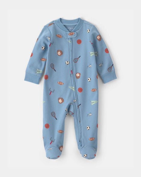 baby boy sports 100% cotton 2-way zip sleep & play pajamas - blue