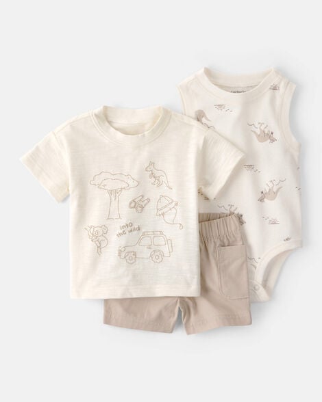 baby boy 3-piece into the wild top, bodysuit & short set - ivory/brown