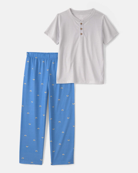 boys gaming solid loose fit 2-piece pajama set - grey/blue