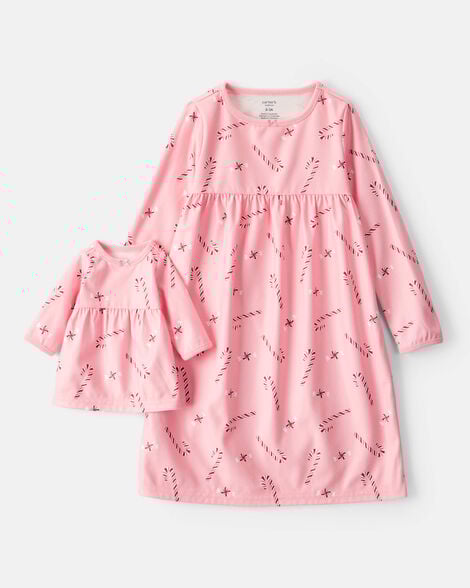 girls 2-piece pink peppermints long-sleeve loose fit night gown & matching doll gown - pink
