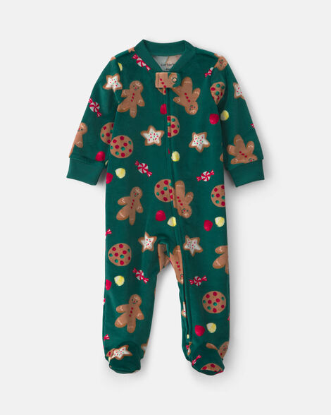 baby christmas gingerbread 2-way zip dreamplush sleep & play pajamas - green