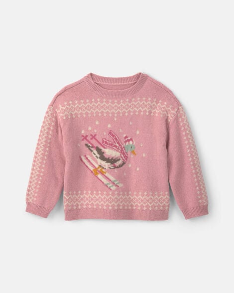 Toddler Girl Duck Skiing Fair Isle Sweater - Pink