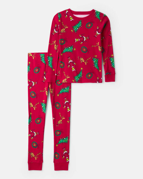 kid dr. seuss™ the grinch print 100% cotton long-sleeve snug fit 2-piece pajamas - red