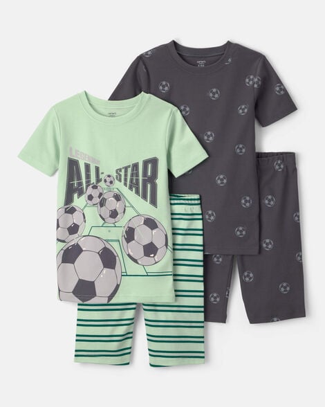 boys soccer 100% cotton short-sleeve snug fit 4-piece pajama set - green/grey