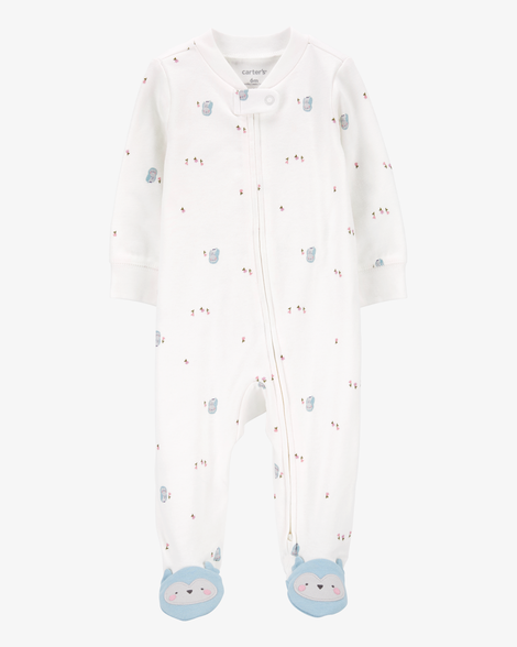 baby girl owl 2-way zip cotton sleep & play pajamas