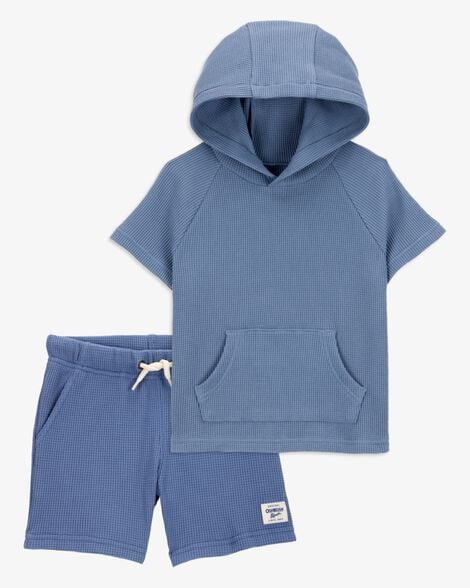 Product image 1 of Toddler 2-Piece Waffle Knit Hooded Pullover & Drawsting Shorts Set - Blue