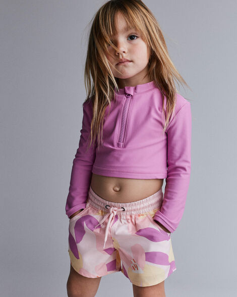 Toddler Girl Cropped Long-Sleeve Rashguard Set in Tropical Print - Purple/Rose