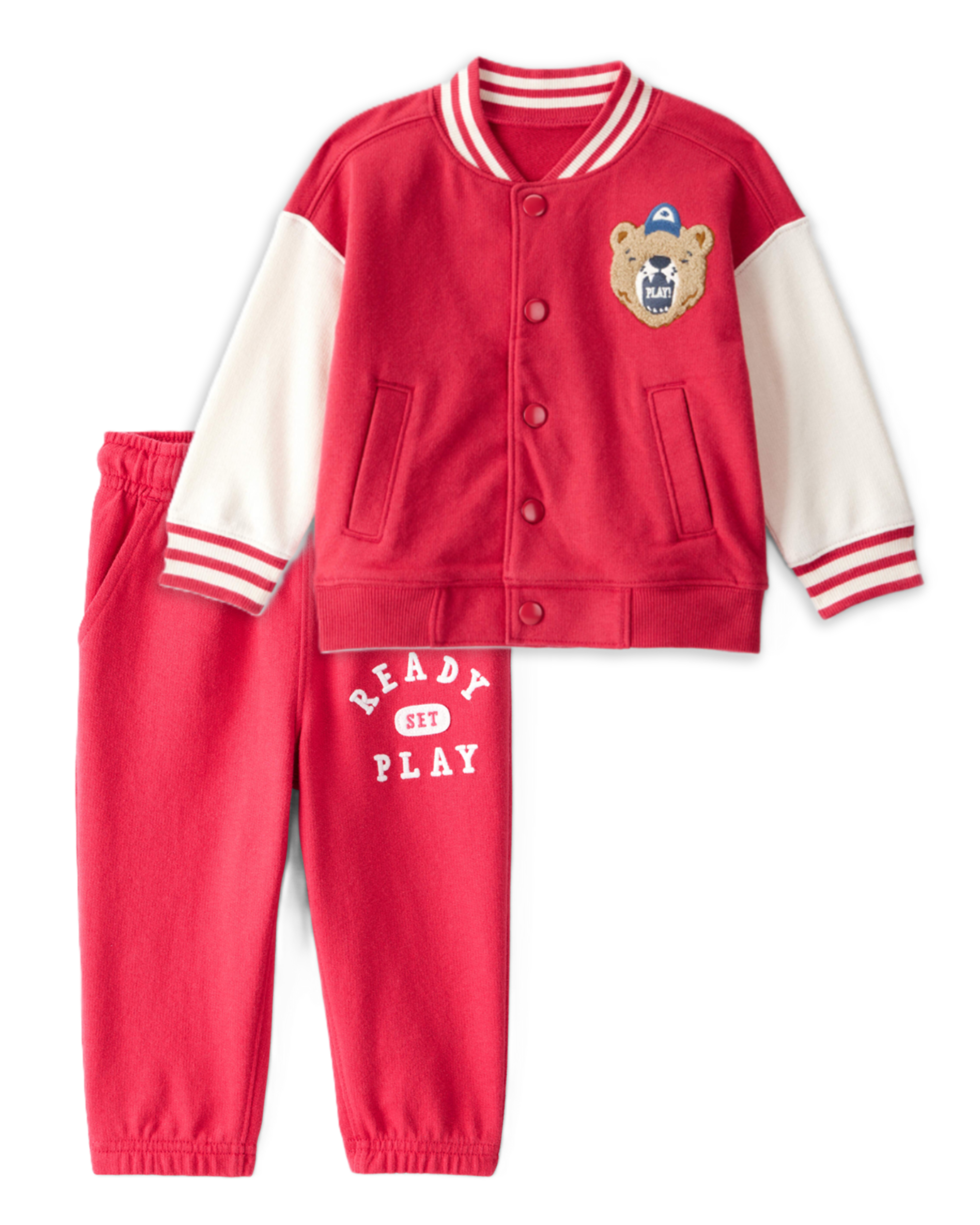 Toddler Boy 2-Piece Bear Varsity Jacket & Joggers Set - Red/Ivory