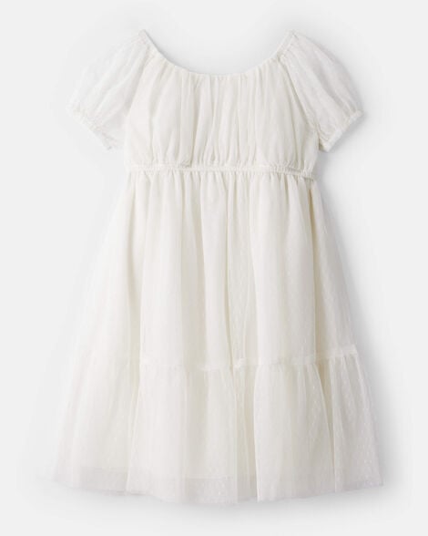 Girls Short-Sleeve Tulle Dress - White