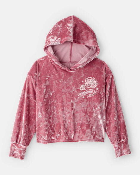 Girls  Flower Embroidered Hooded Velour Top - Pink