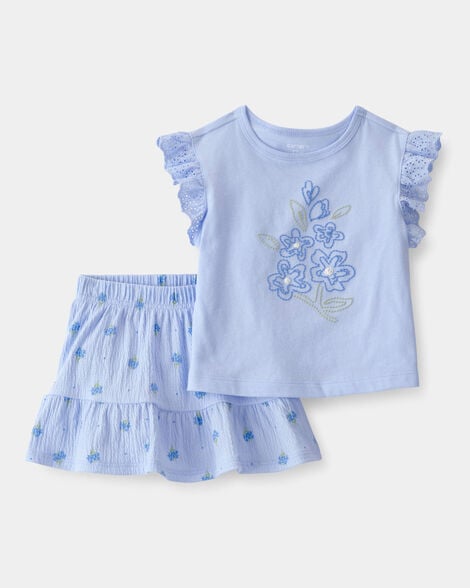 baby girl 2-piece floral top & skort set - blue