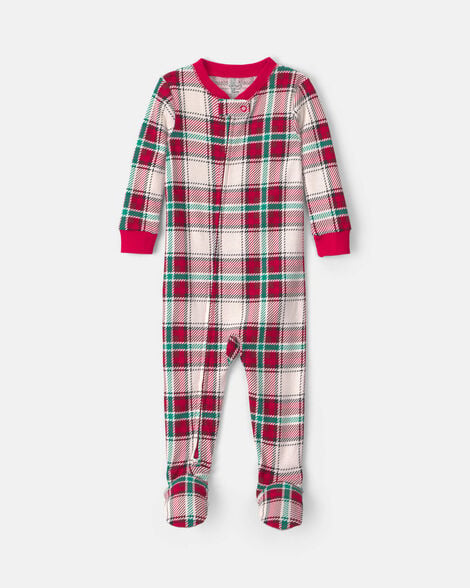 baby 1-piece christmas plaid 2-way zip 100% cotton snug fit footed pajama - red/green