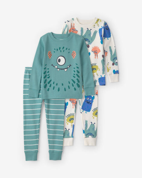 baby boy 4-piece monster 100% cotton snug fit pajama set - teal/cream