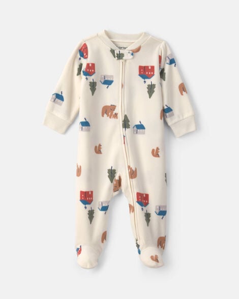 baby bear cabin fleece 2-way zip sleep & play pajamas - cream
