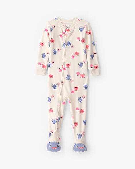 toddler girl 1-piece monster dreamplush snug fit footed pajama - cream