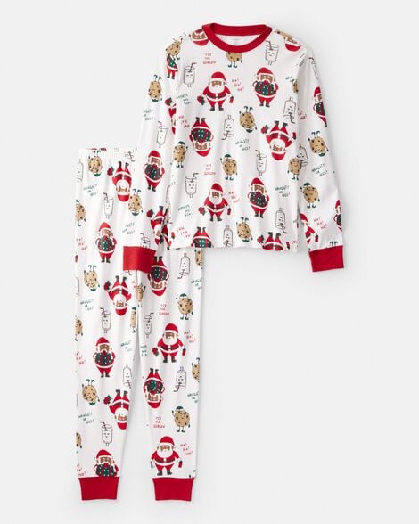 adult brown santa milk & cookies 100% cotton long-sleeve snug fit 2-piece pajamas - white