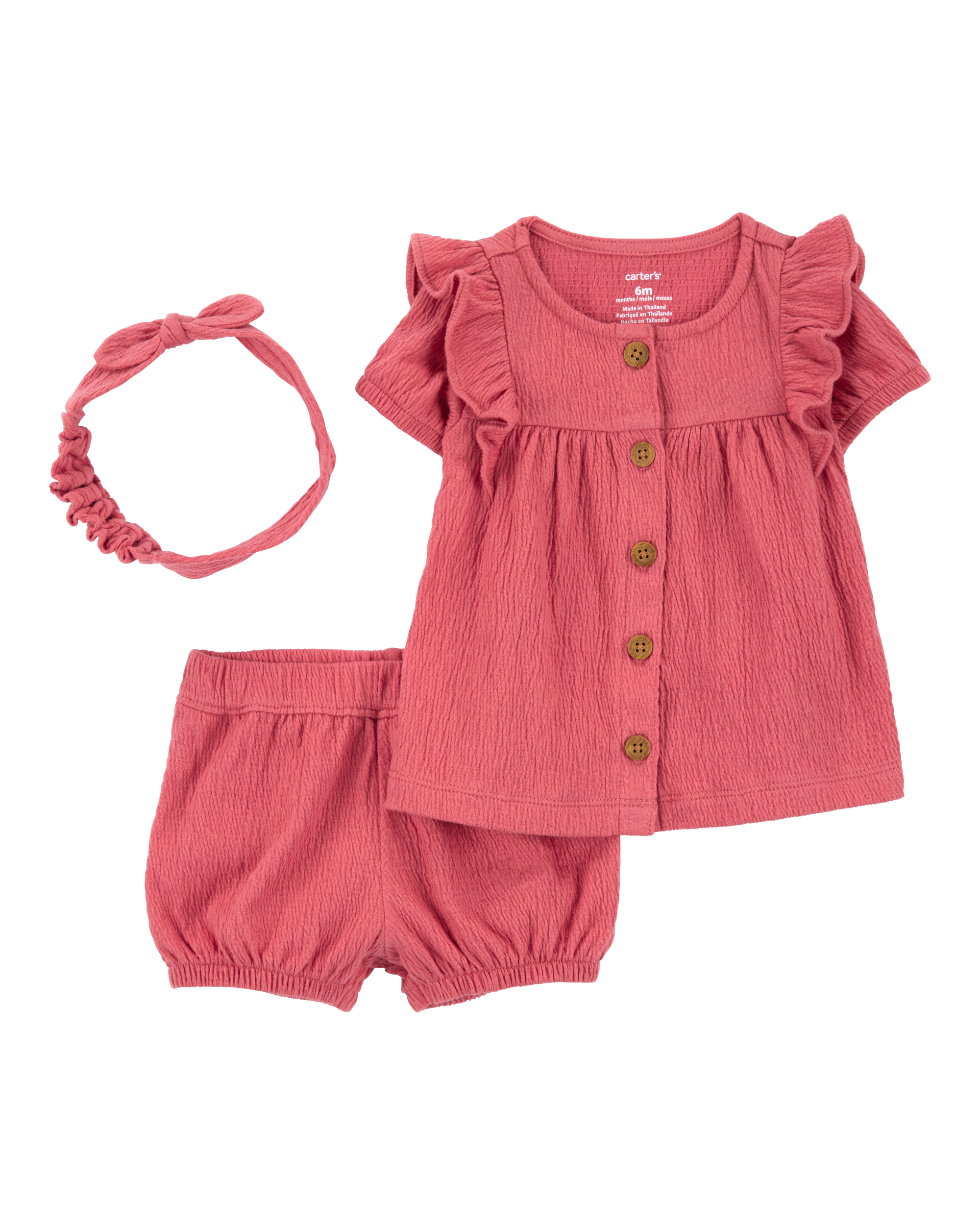Baby Girl 3-Piece Gauze Button-Front Outfit Set- Red