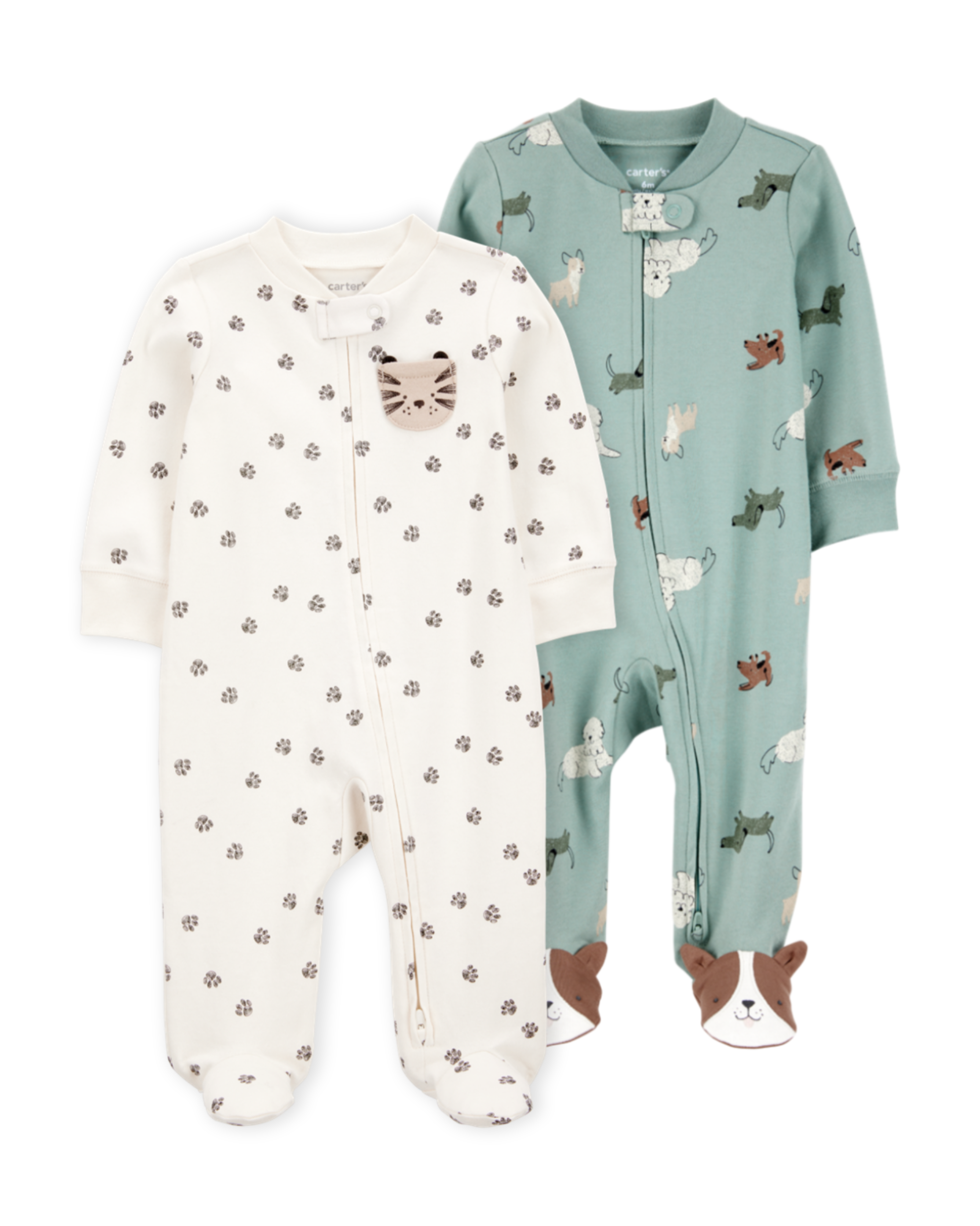 Baby 2-Pack  Cotton 2-Way Zip Sleep & Play Pajamas - Green/Ivory