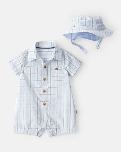 baby boy 2-piece plaid romper & hat set - blue