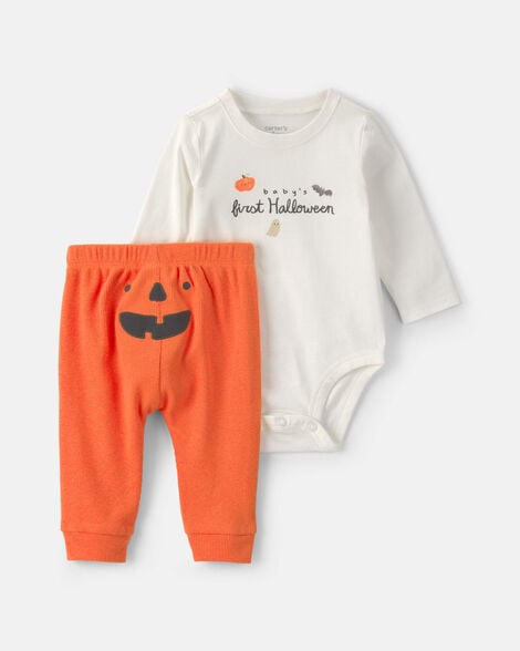 baby 2-piece 'baby's first halloween' long-sleeve bodysuit & pant set - orange/cream