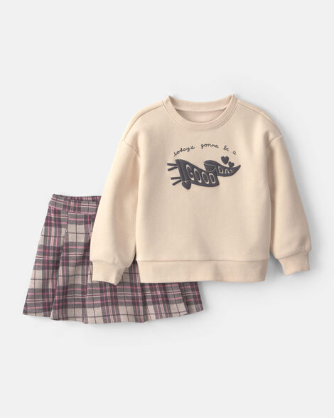 baby girl 2-piece 'good day' plaid fleece long-sleeve top & skirt set - cream/burgundy