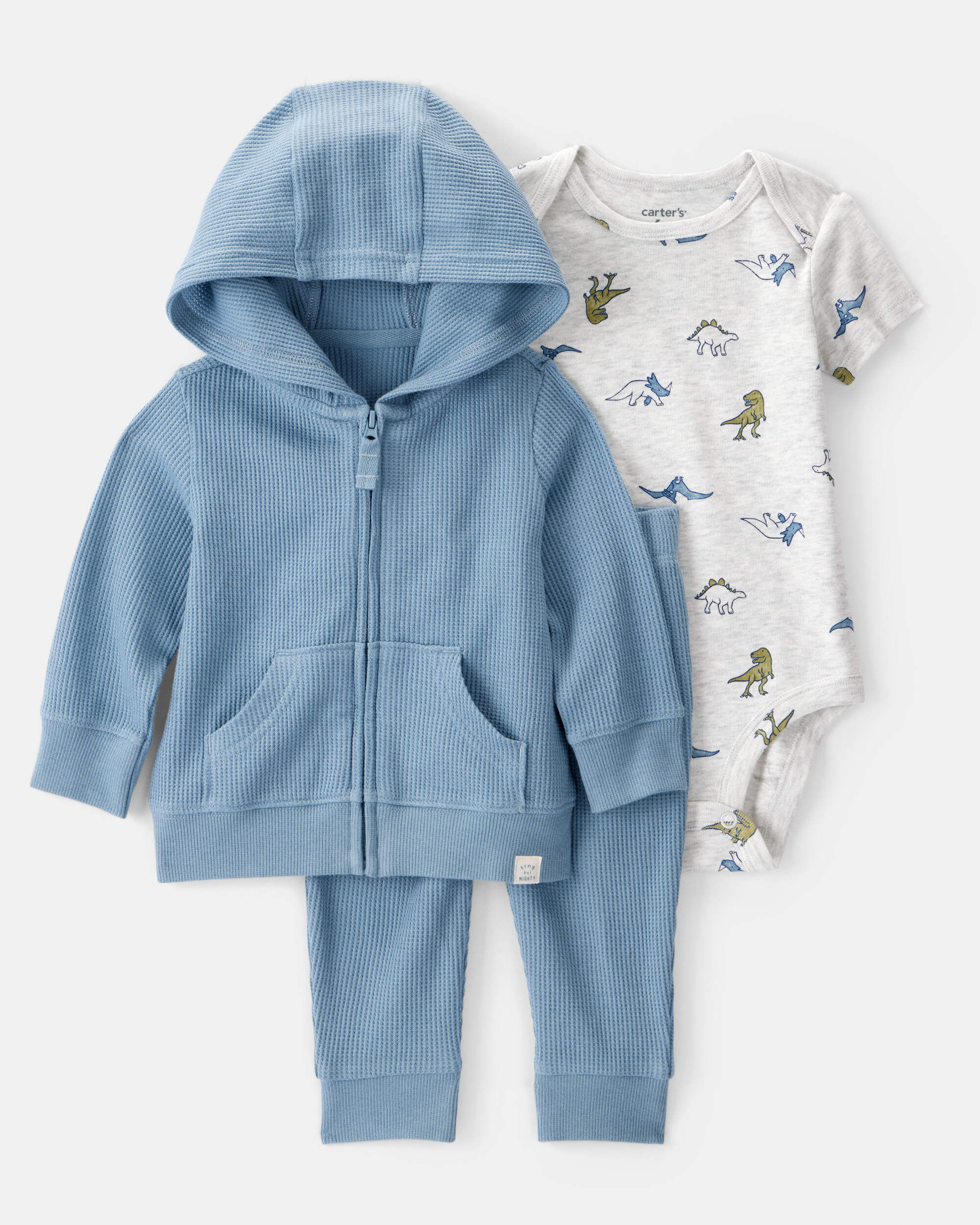 Baby 3-Piece Dinosaur Thermal Little Jacket Set - Blue/Heather