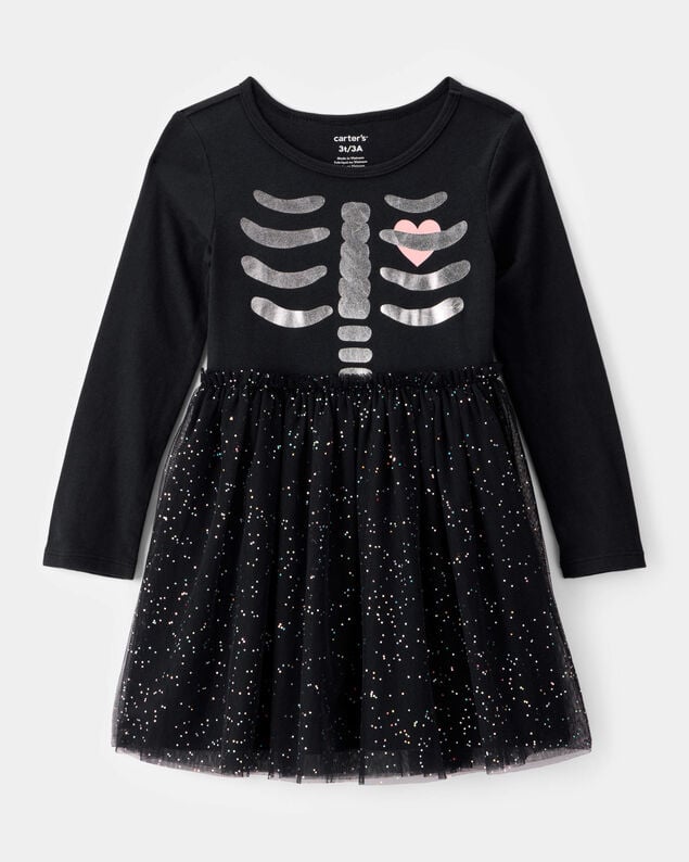 Product image 1 of Toddler Halloween Skeleton Glitter Tulle Dress - Black