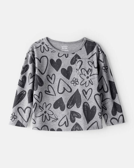 toddler girl heart print long-sleeve top - grey