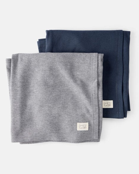 baby 2-pack waffle knit blankets - grey/navy