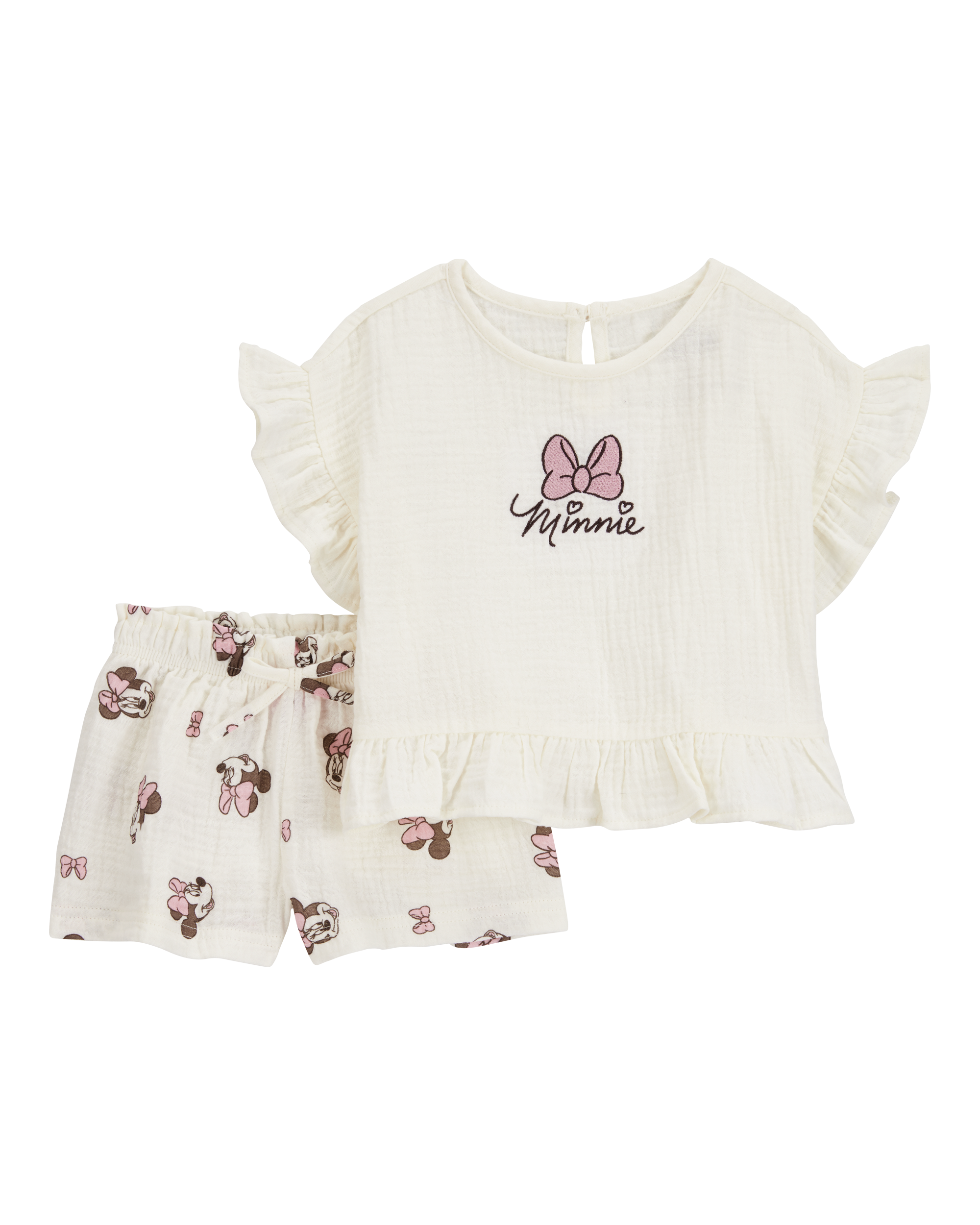 Toddler Girl 2-Piece Minnie Mouse Flutter-Sleeve Gauze Top & Short Set - Cream