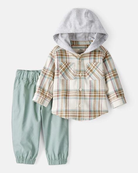 Product image 1 of Baby Boy 2-Piece Plaid Cotton Long-Sleeve Tee & Pant Set - Brown/Green