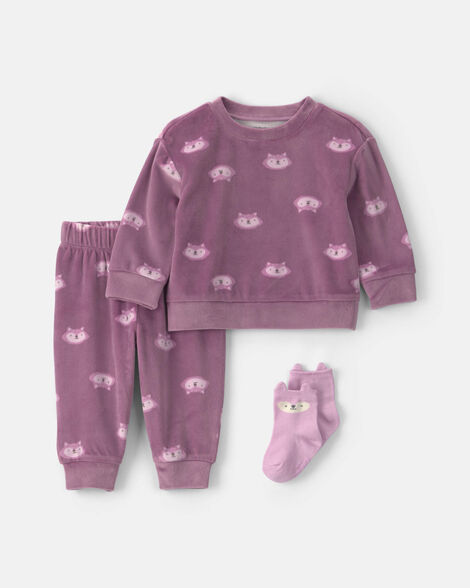baby girl 3-piece fox long-sleeve top & pant set - purple