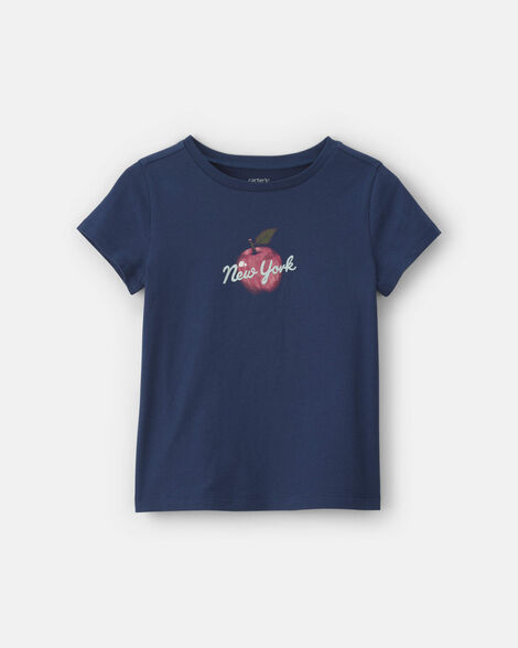 girls 'new york' apple graphic tee - navy blue