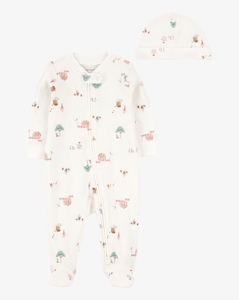 baby 2-piece barn print 2-way zip sleep & play & headwrap set - ivory