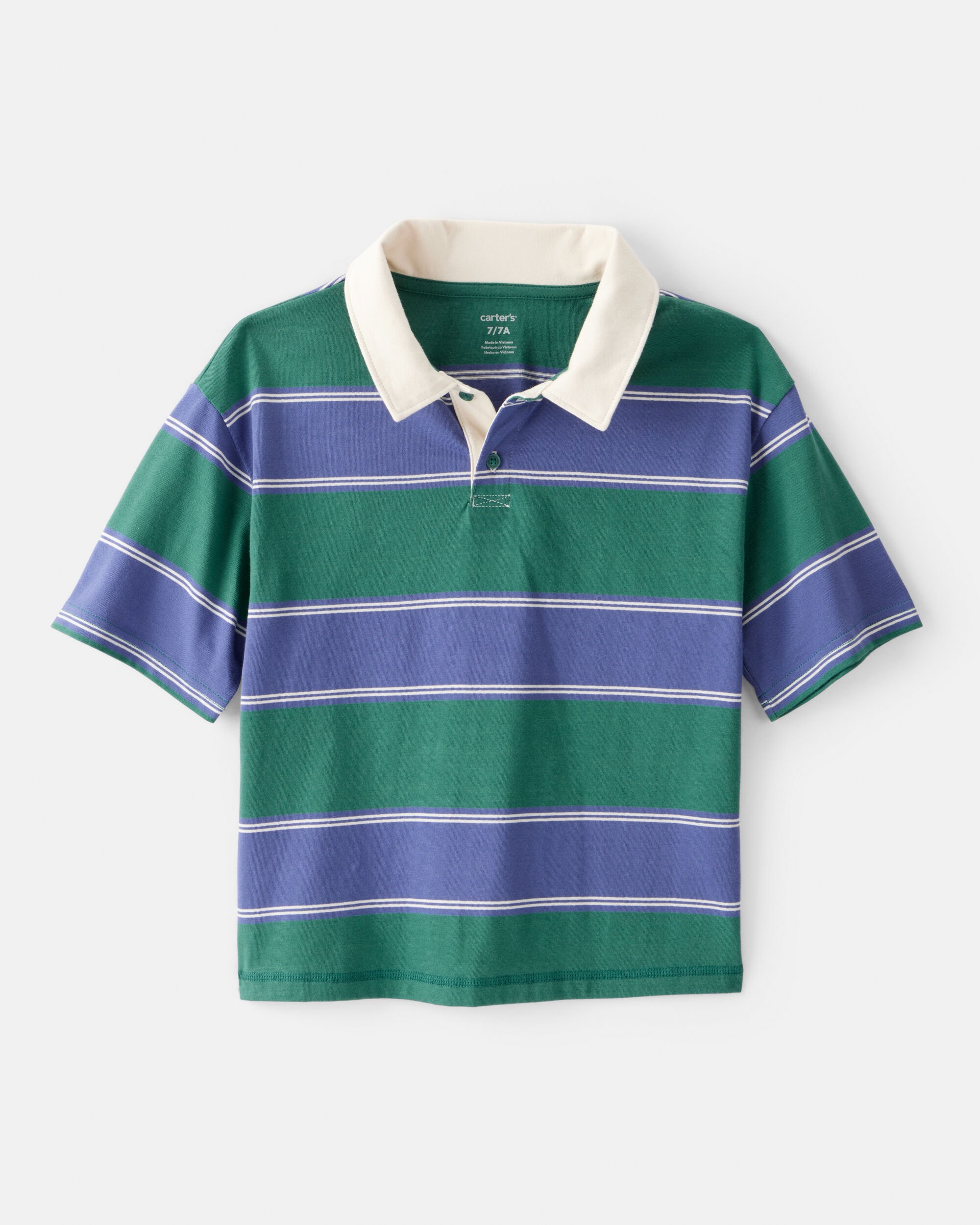 Boys Cotton Short-Sleeve Stripe Polo - Green/Blue