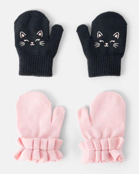 toddler girl 2-pack cat ruffled winter mittens - pink/black