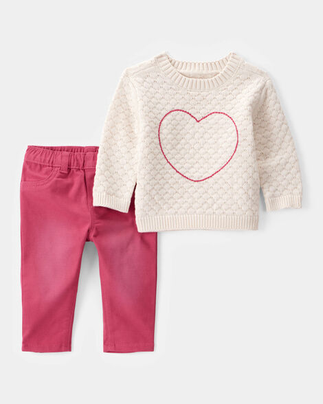 baby 2-piece heart sweater & pull-on pant set - ivory/pink