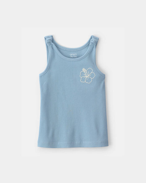 toddler girl flower ribbed tank top - blue