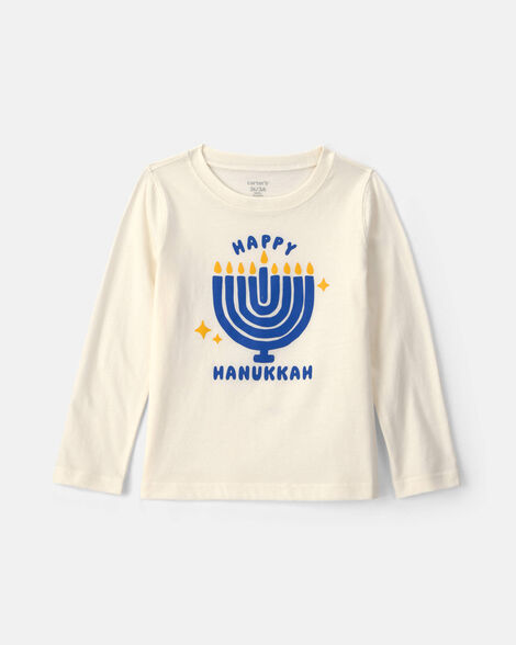 toddler 'happy hanukkah' menorah long-sleeve graphic tee - cream