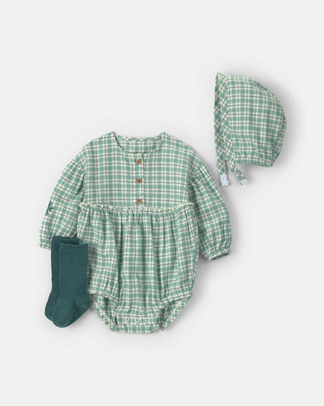 baby girl 3-piece flannel long-sleeve bubble set - green